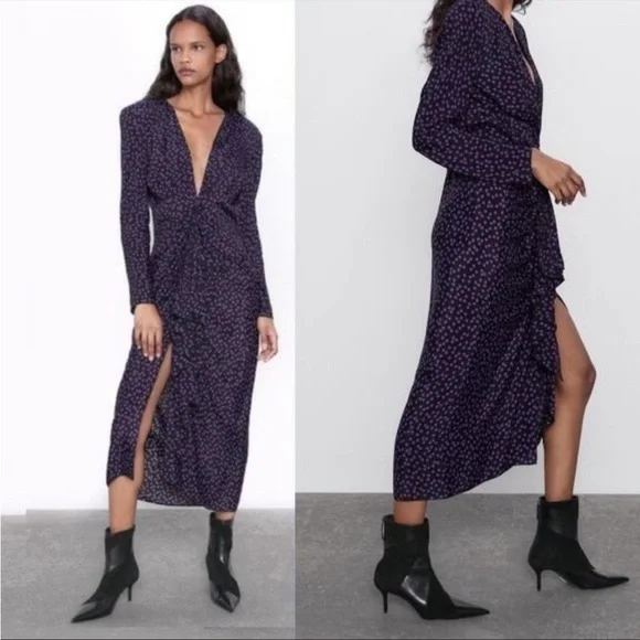 zara purple polka dot dress Zara Dresses | Nwt Zara Polka Dot Puff Sleeve Midi Dress | Color: Black/ Purple